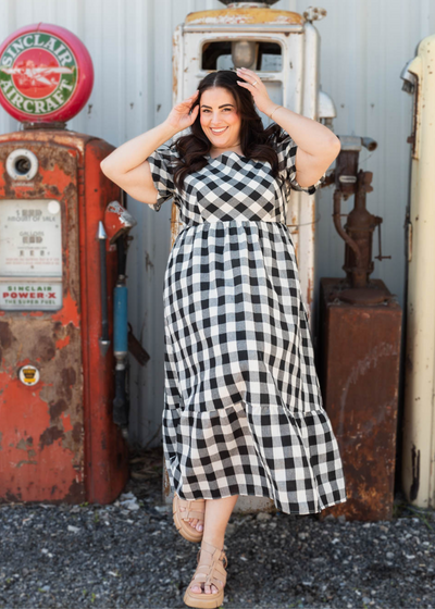 Short sleeve plus size black gingham dress