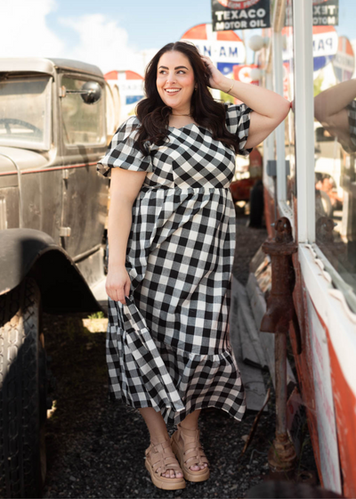 Plus size black gingham dress