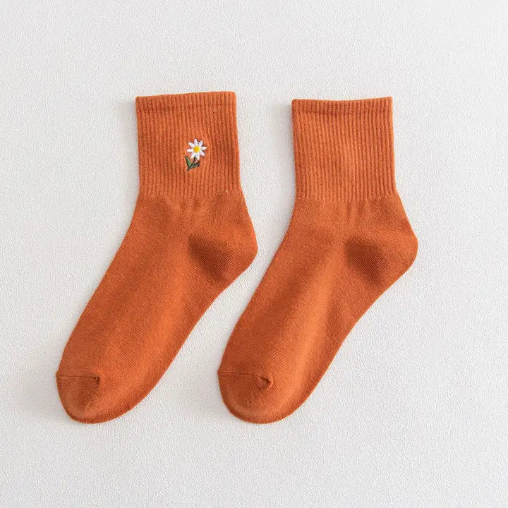 Lennie Orange Embroidered Flower Socks