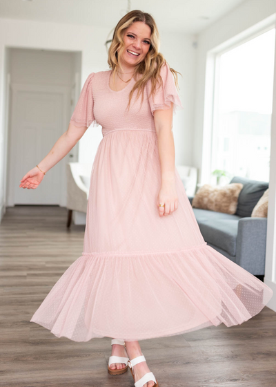 Blush smocked mesh dress with short sleeves