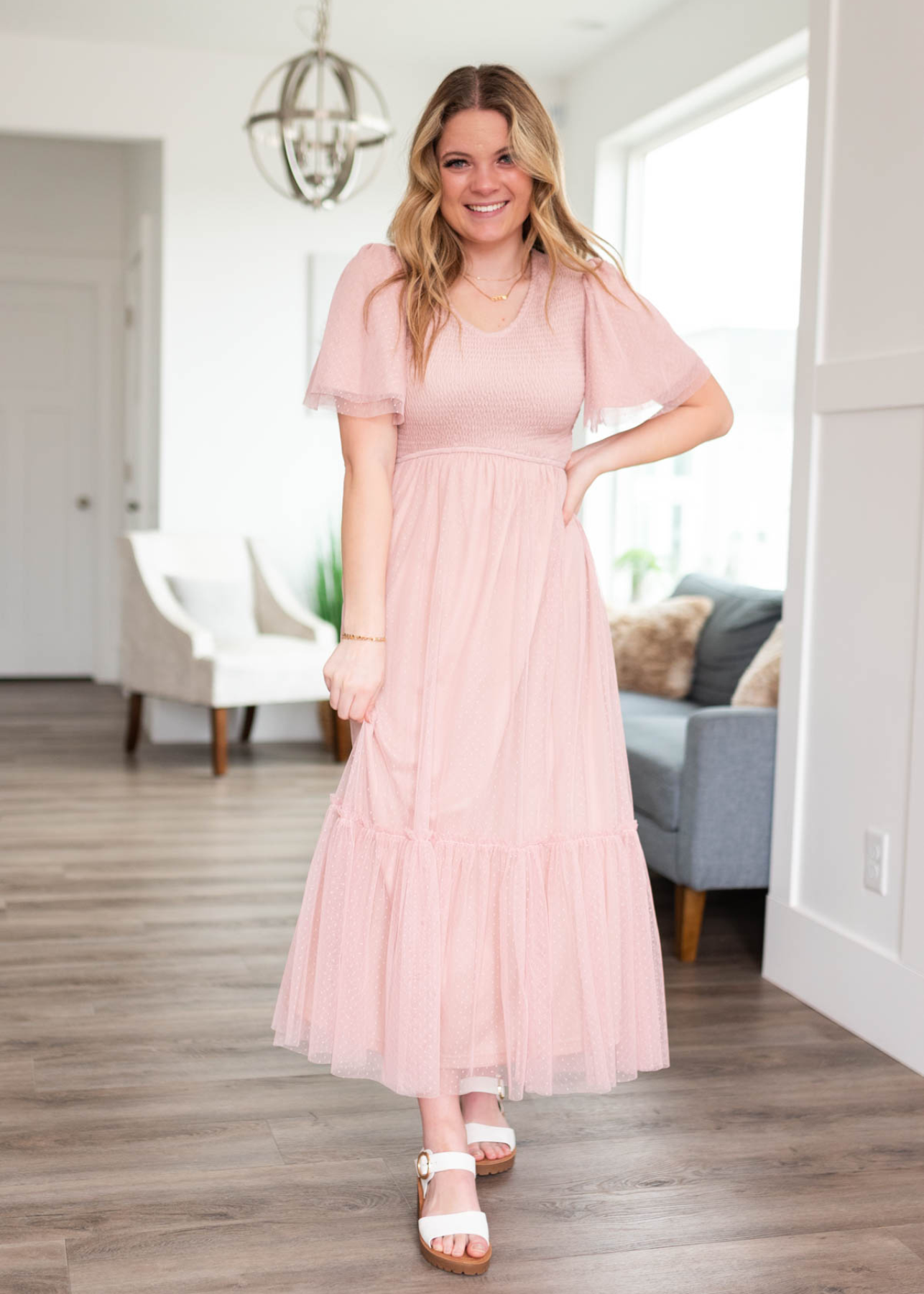 Short sleeve blush smocked mesh dress