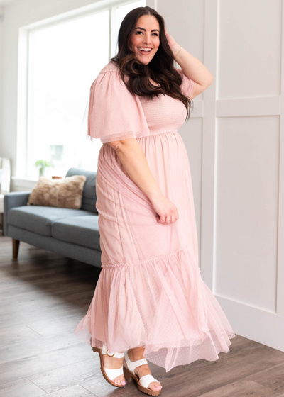 Plus size blush smocked mesh dress with short sleeves