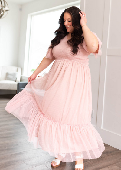 Plus size short sleeve blush smocked mesh dress