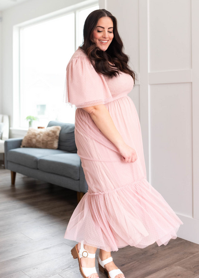 Plus size blush smocked mesh dress