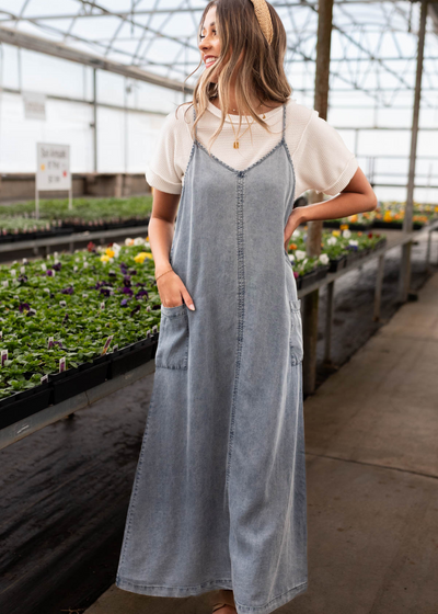 Maxi length denim blue overall dress