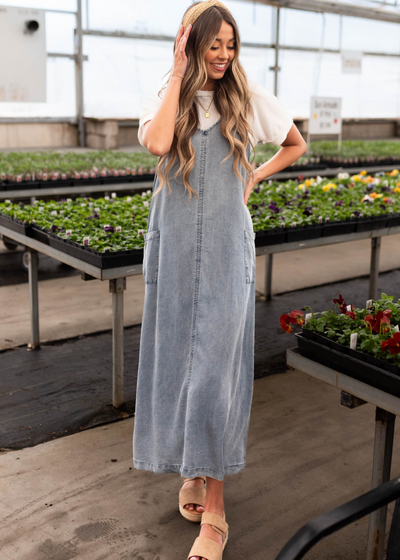 Denim blue overall dress with a V-neck