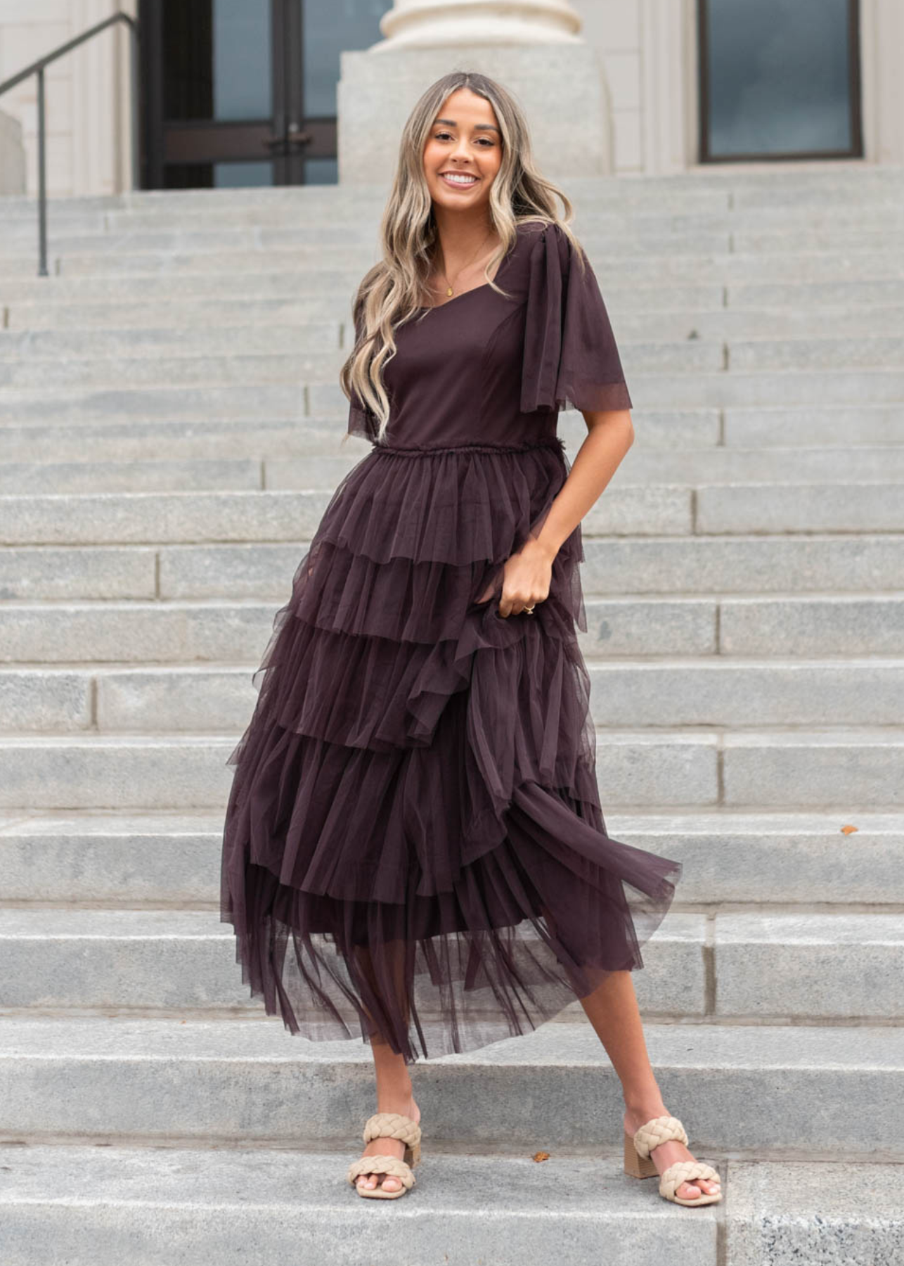 Plum sweetheart tiered dress with ruffle skirt