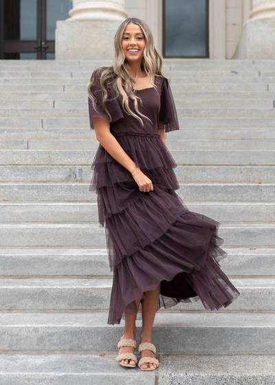 Short sleeve plum sweetheart tiered dress