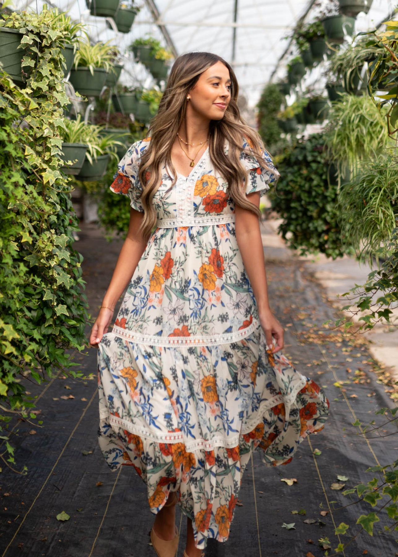 Short sleeve cream floral tiered dress