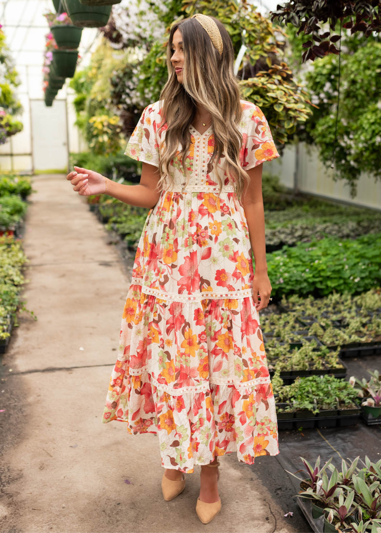 V-neck red multi floral tiered dress