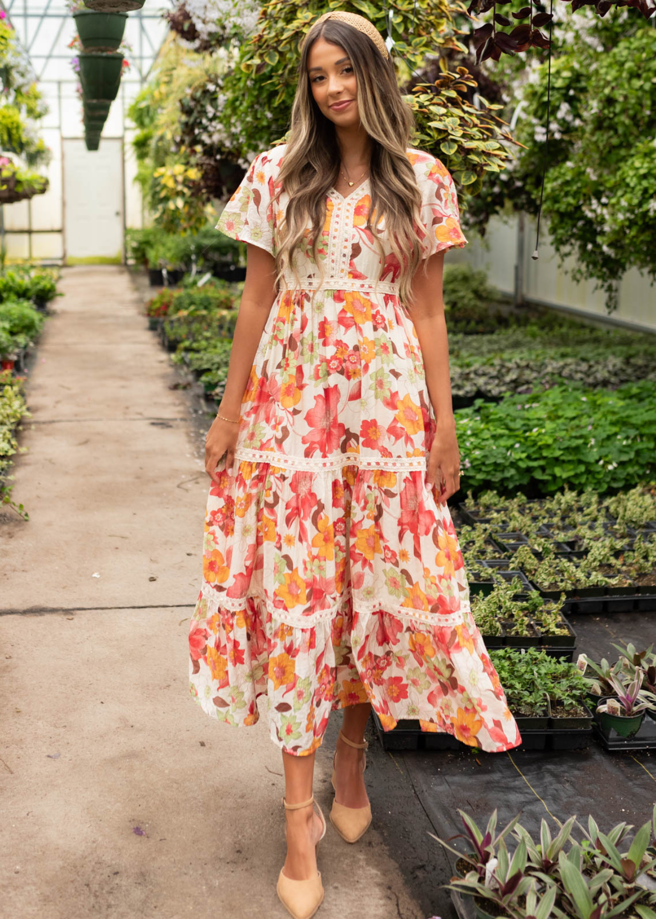 Short sleeve red multi floral tiered dress