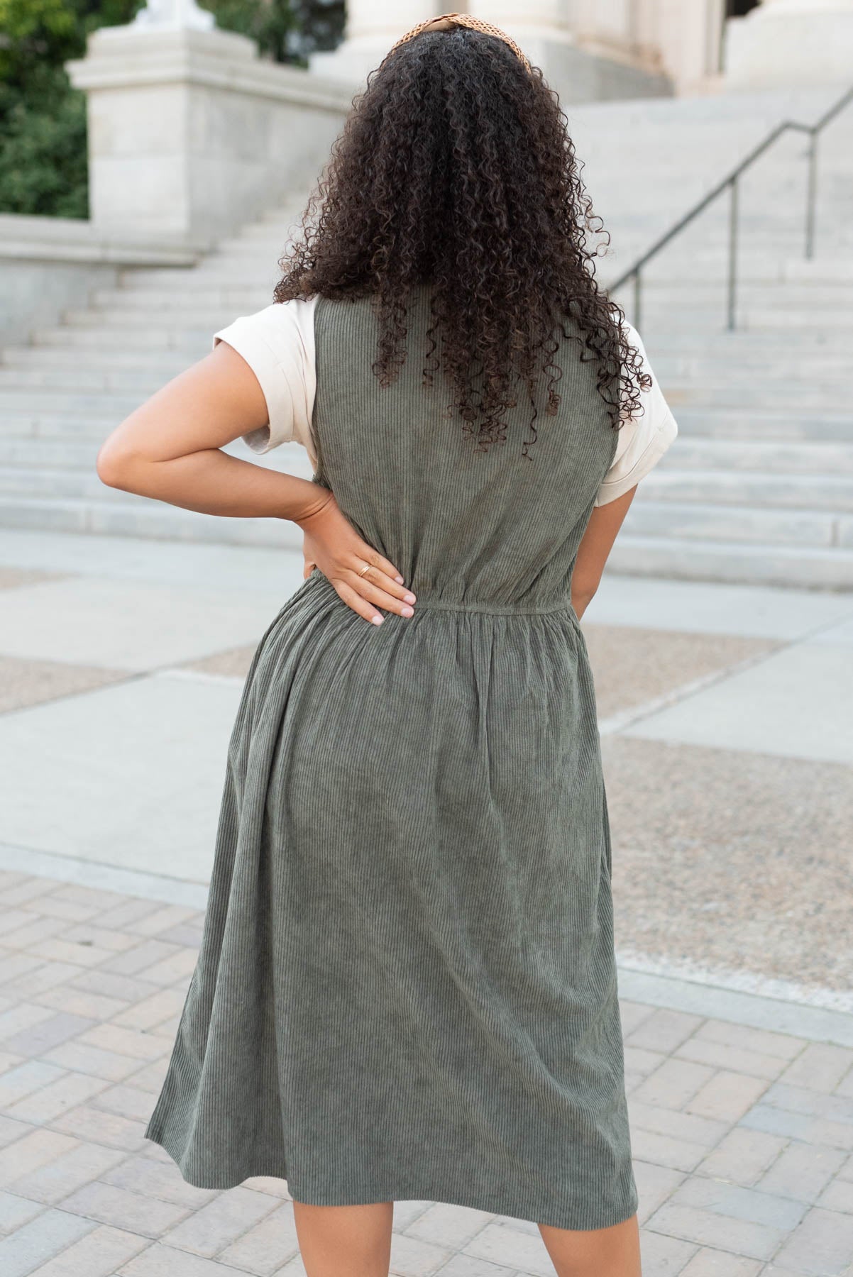 Back view of the olive corduroy dress