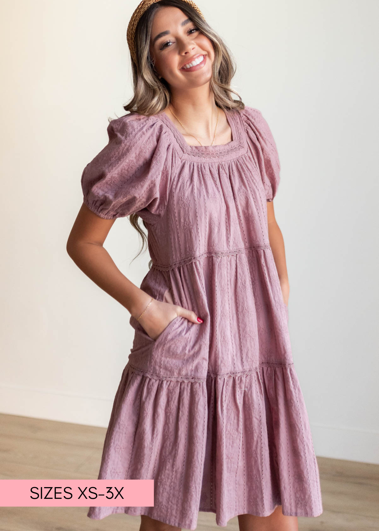 Short sleeve dusty mauve embroidered dress with pockets