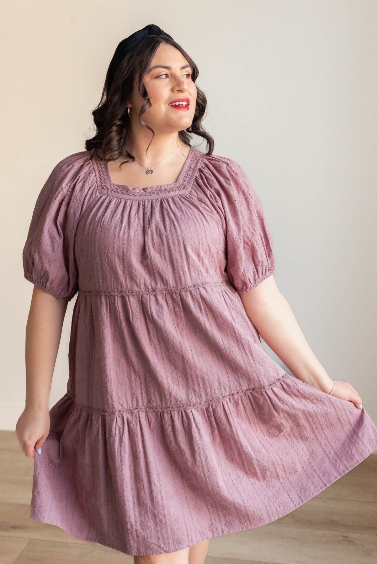 Short sleeve dusty mauve embroidered dress in plus size