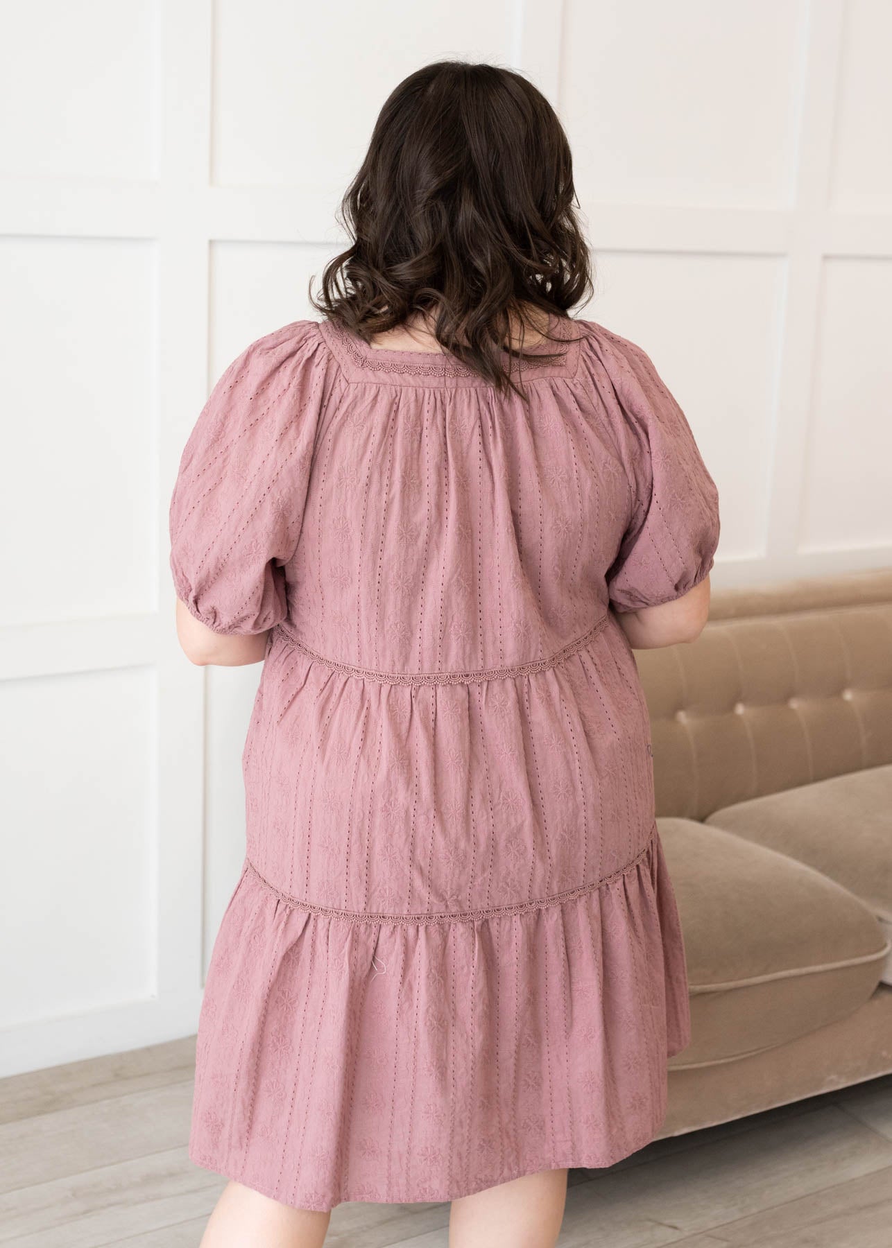 Back view of the dusty mauve embroidered dress in plus size