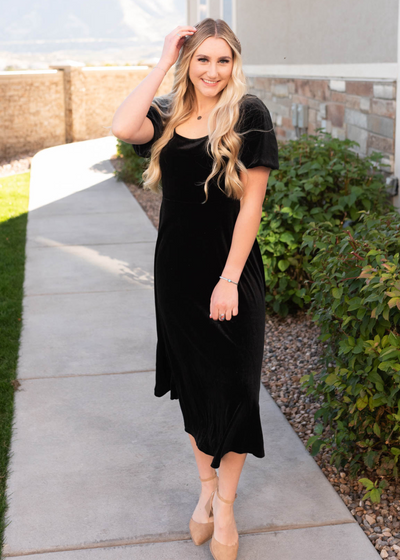 Black velvet dress with scoop neck