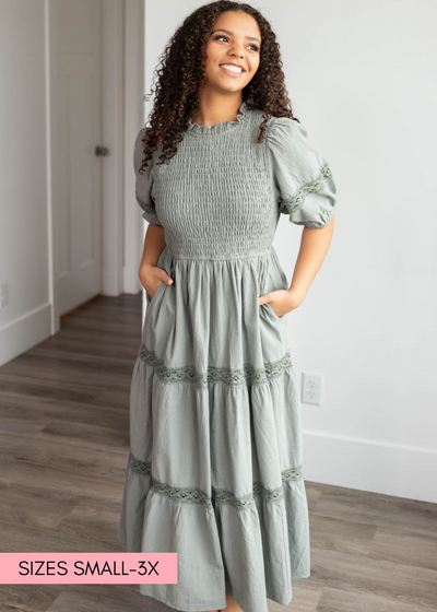 Dark sage tiered dress with short sleeves