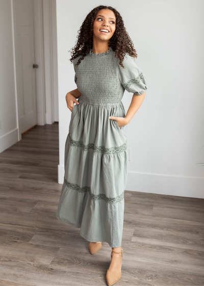 Short sleeve dark sage tiered dress