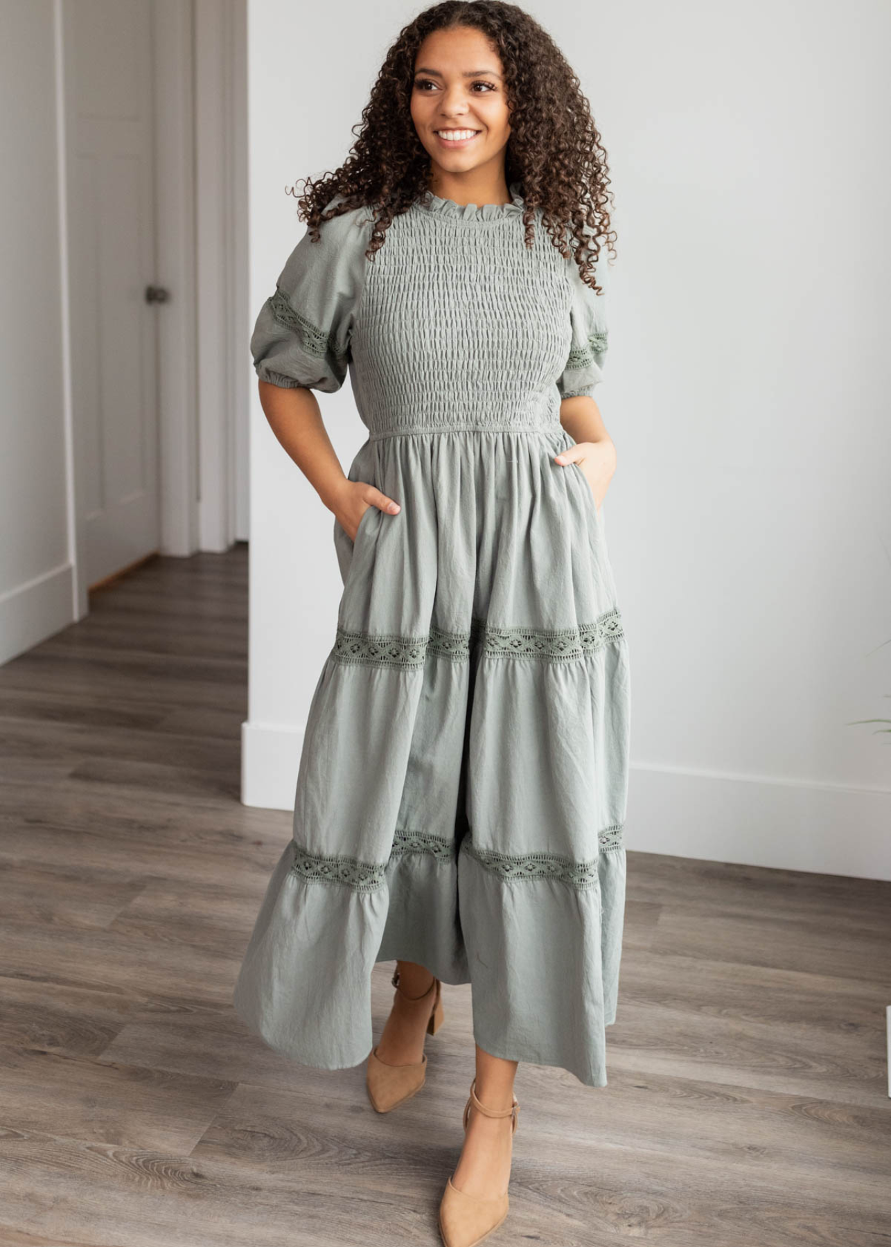 Dark sage tiered dress