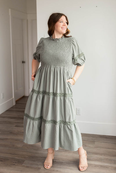 Dark sage tiered dress in plus size with smocked bodice