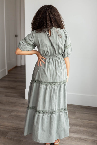 Back view of the dark sage tiered dress