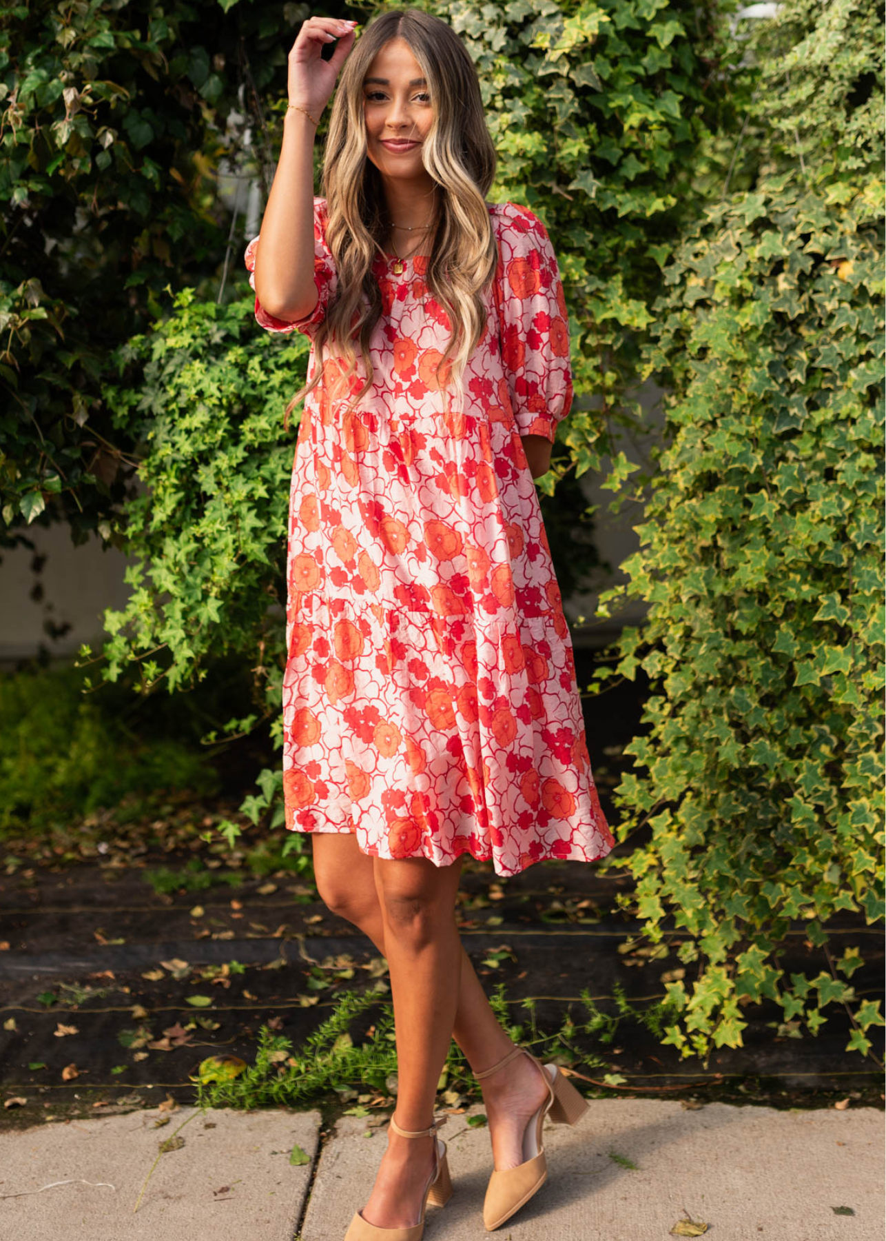 Pink floral dress with short sleeves