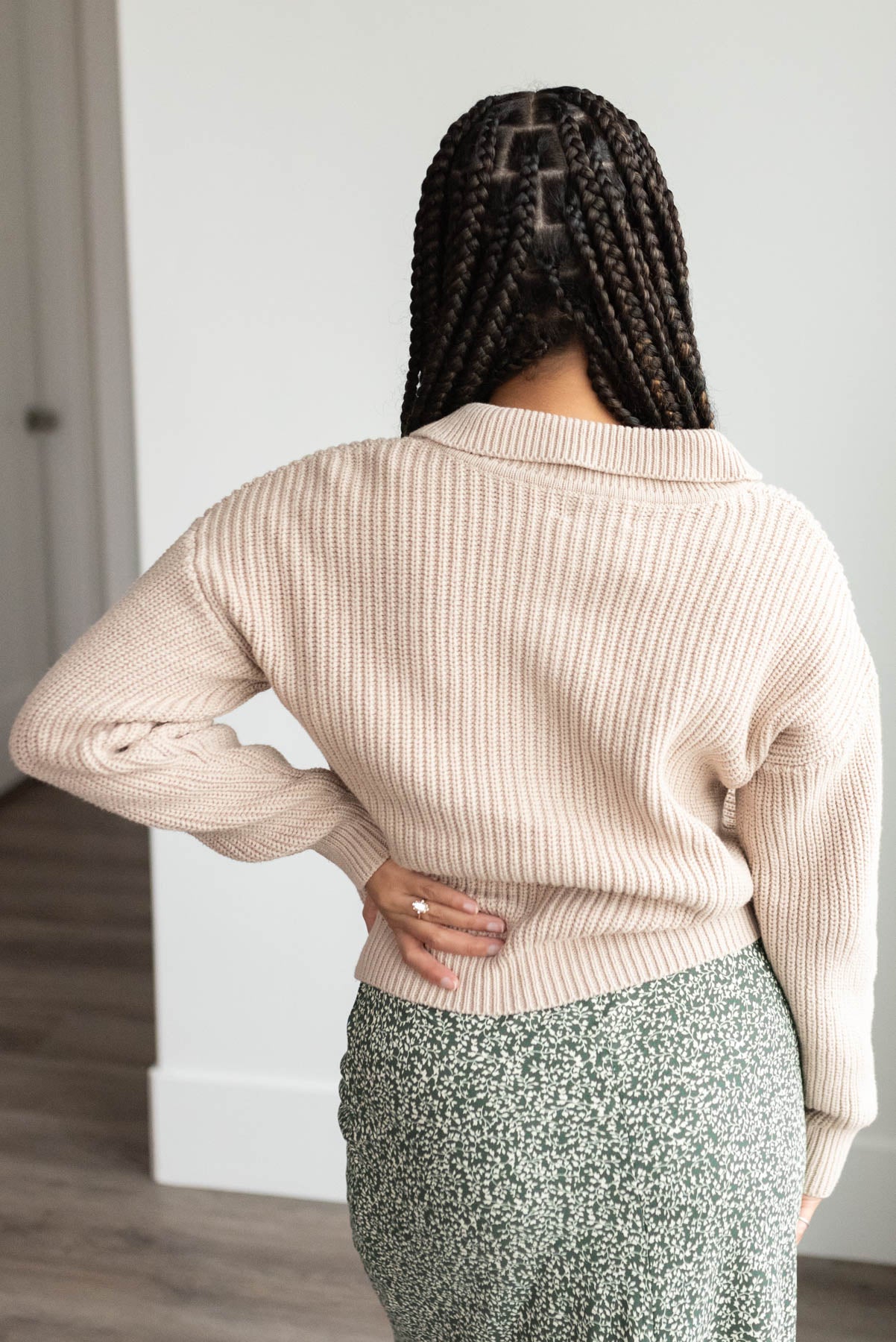 Back view of the taupe collard button down cardigan