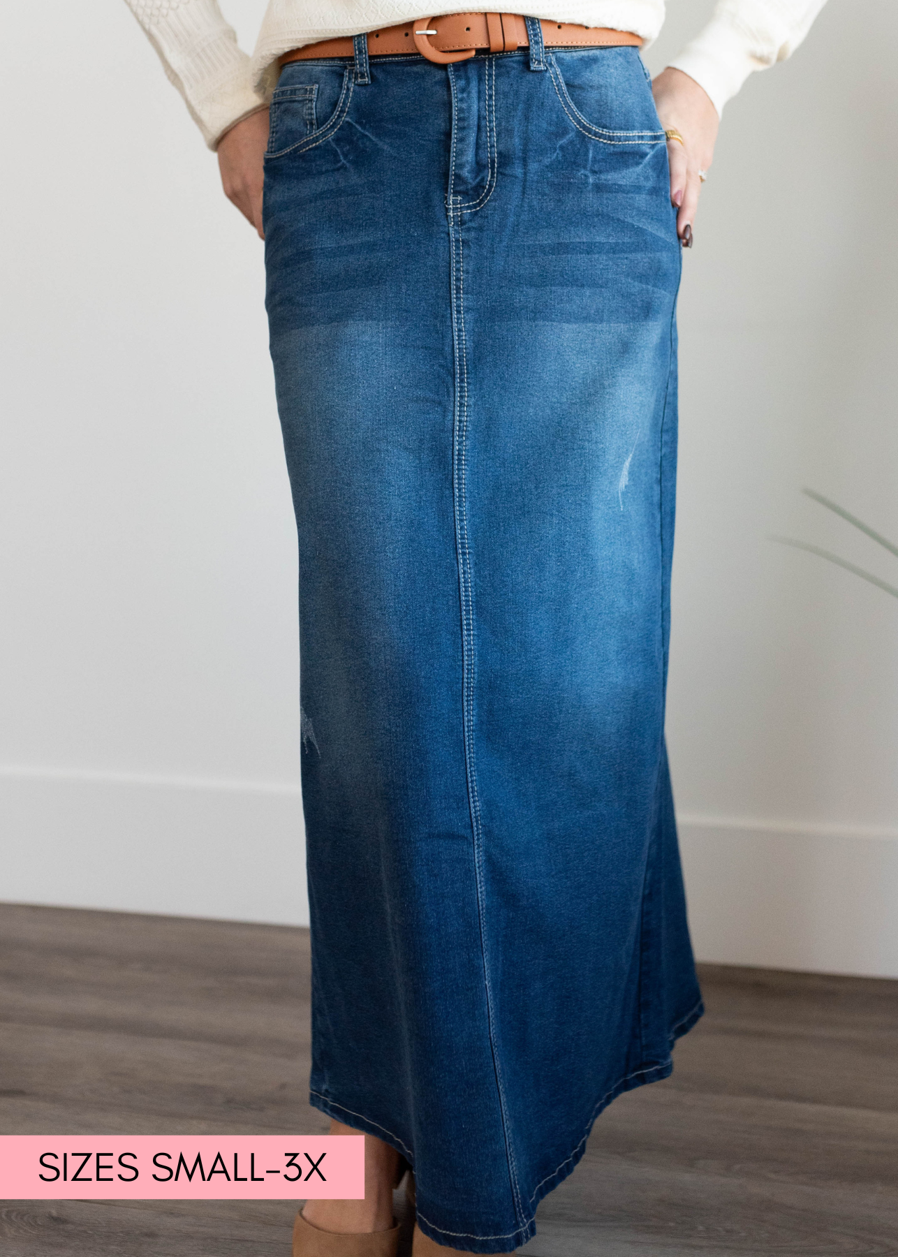 Indigo wash denim skirt with distressing