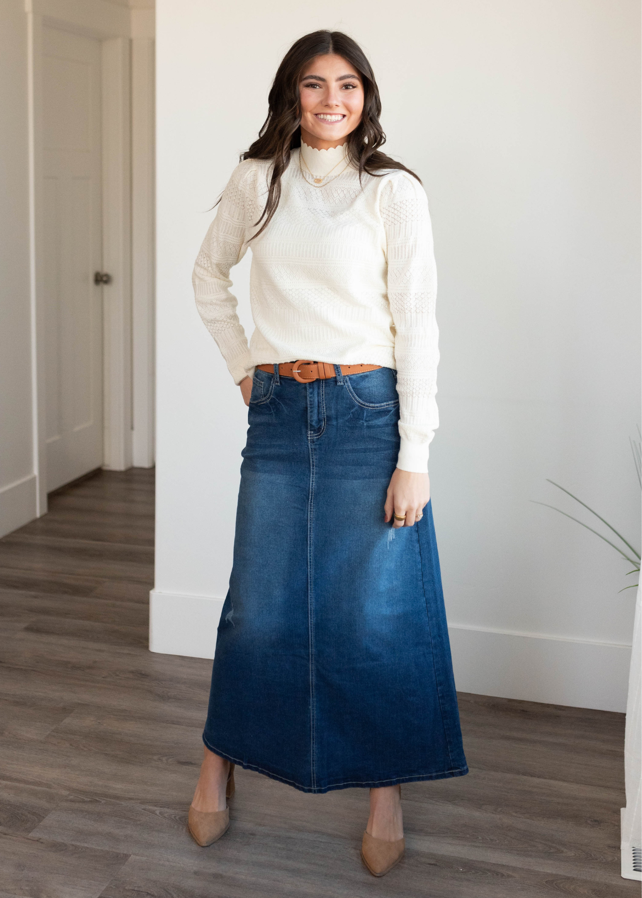 Long indigo wash denim skirt