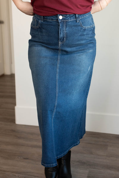 Zipper fly plus size indigo wash denim skirt