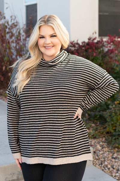 Striped plus size turtle neck sweater