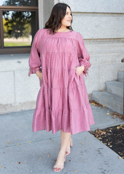 Plus size pink long sleeve dress with pockets