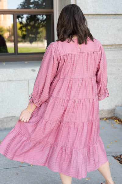 Back view of the plus size pink long sleeve dress with back closer