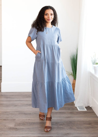 Short sleeve blue gauze tiered dress with pockets