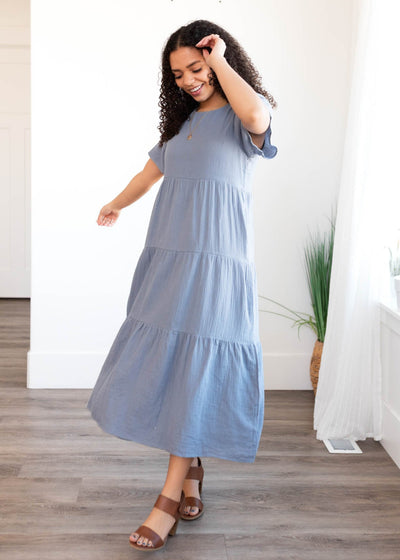 Blue gauze tiered dress