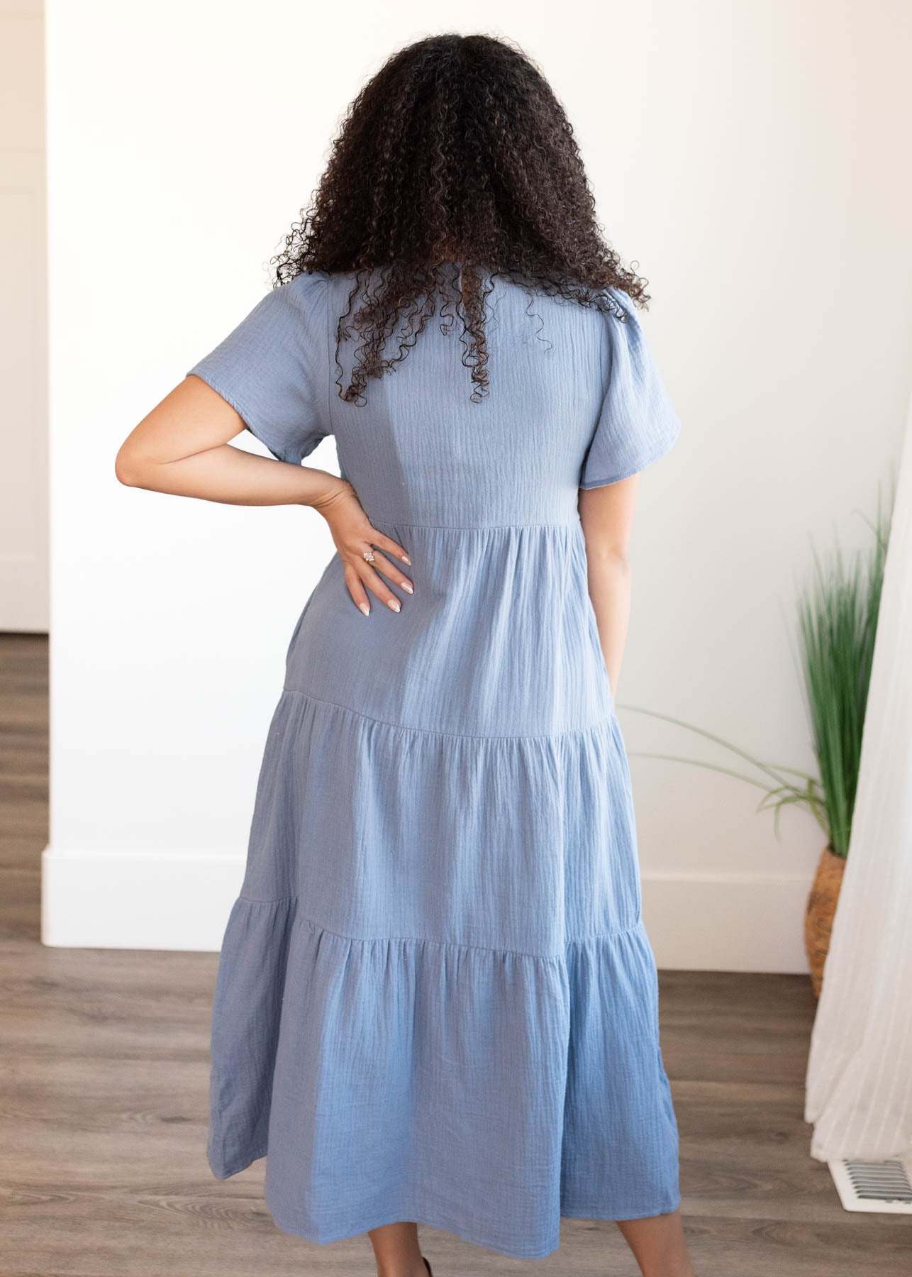 Back view of the blue gauze tiered dress