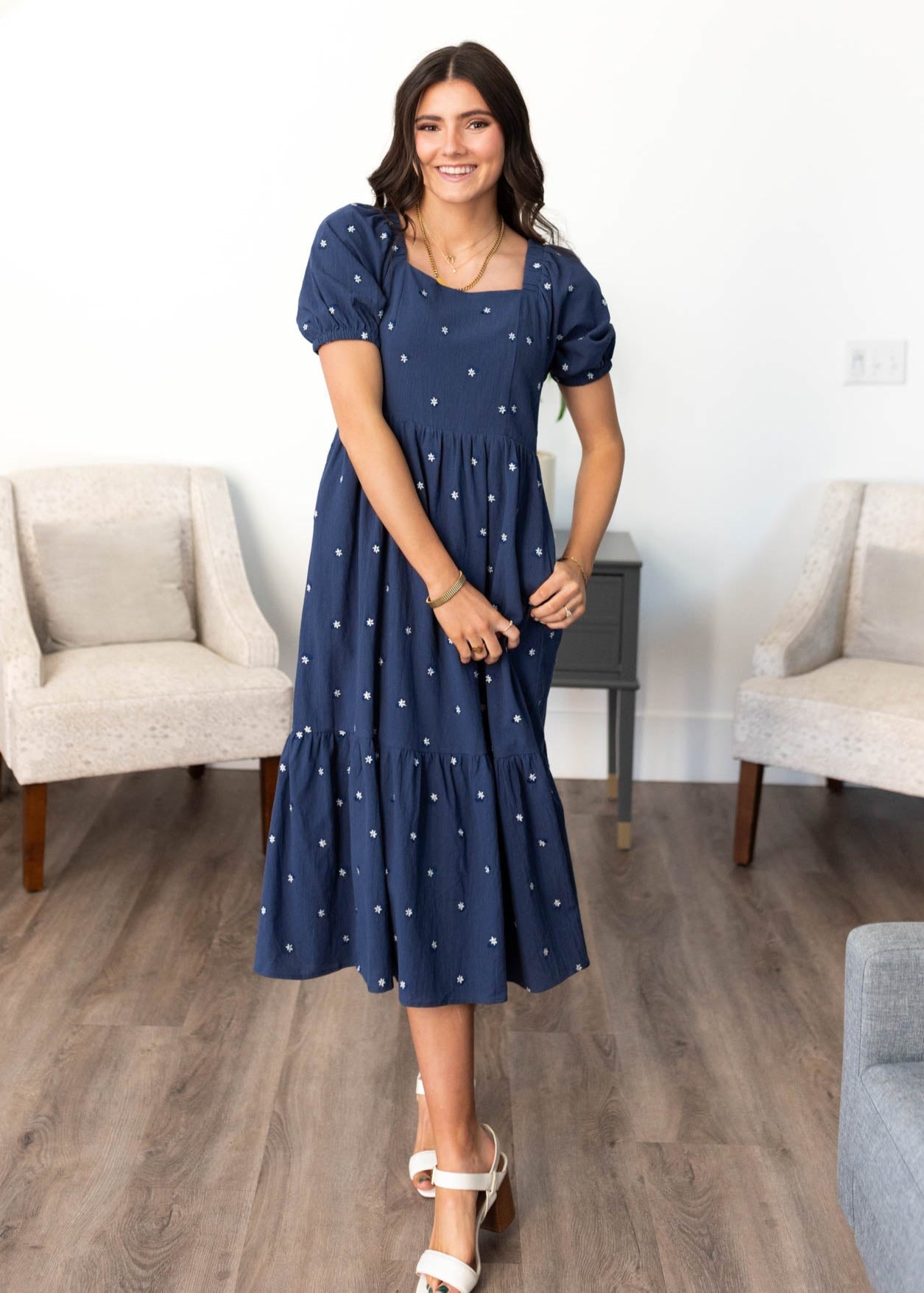 Navy embroidered floral dress with square neck