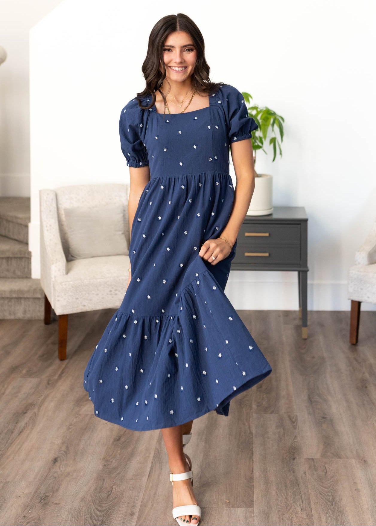 Short sleeve navy embroidered floral dress