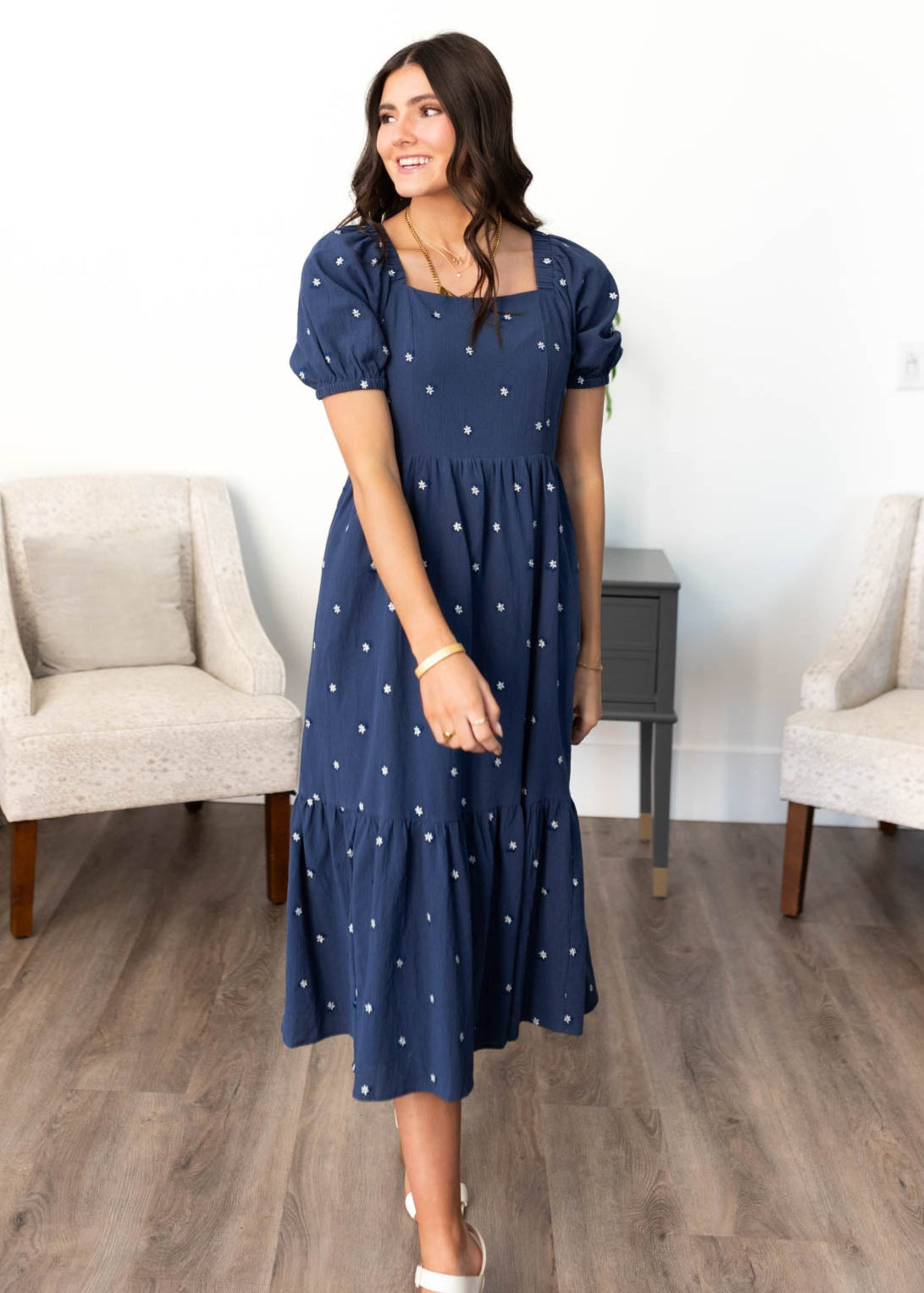 Navy embroidered floral dress