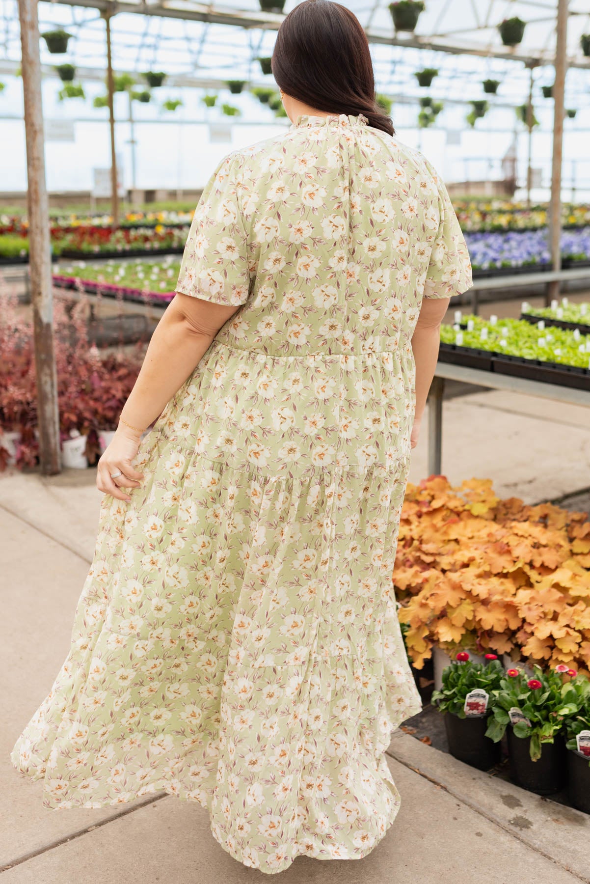 Back view of the plus size sage floral dress