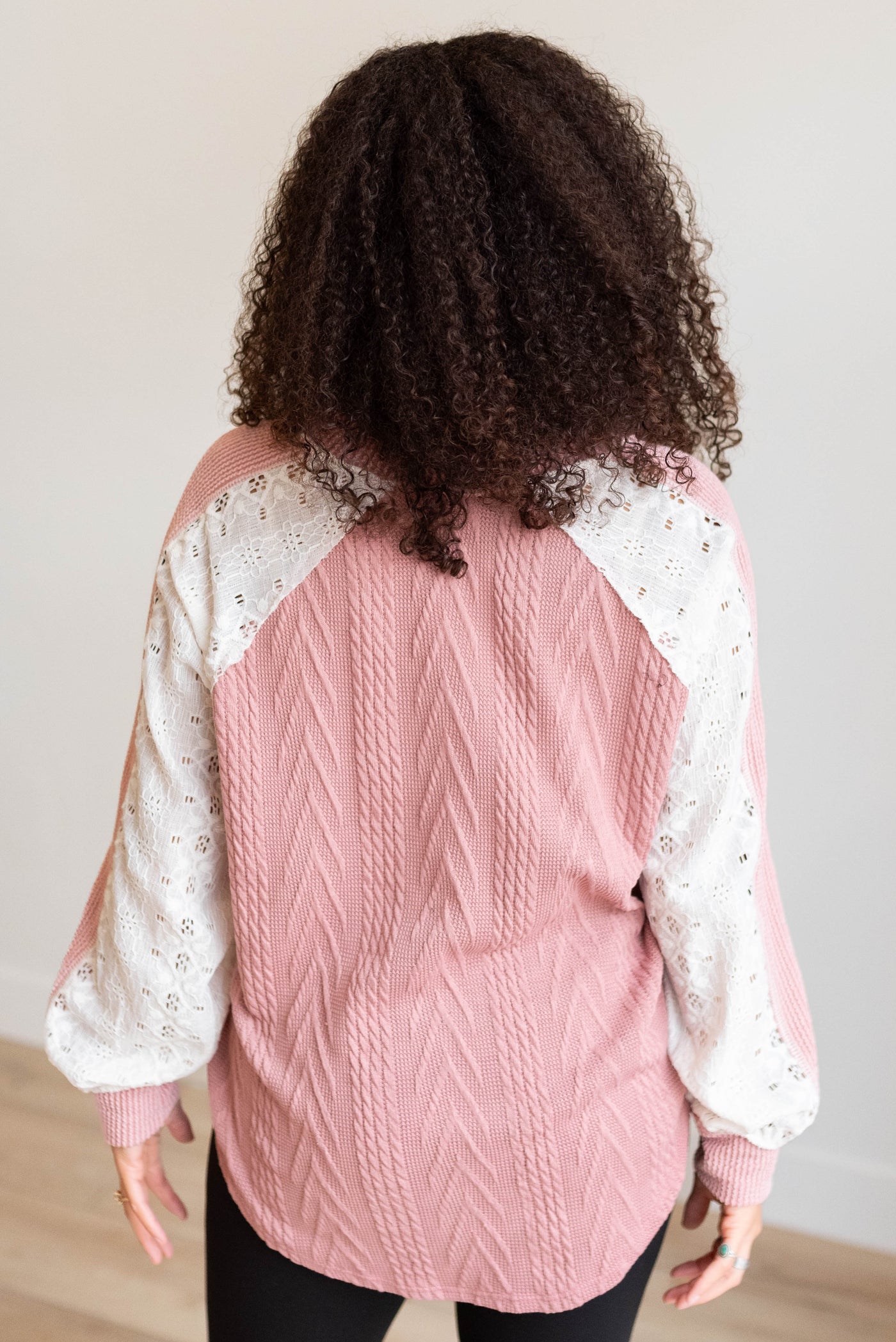 Back view of the mauve lace sleeve pullover