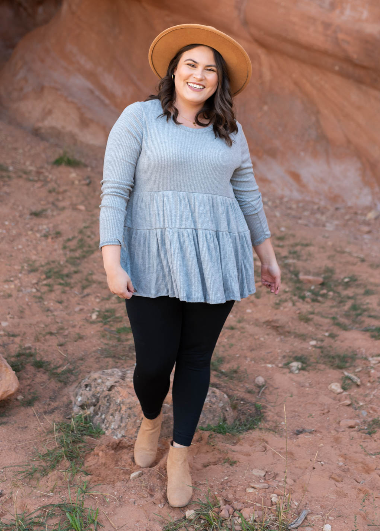 Peplum style plus size heather grey top with long sleeves