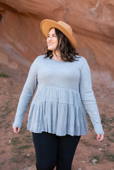 Peplum style long sleeve heather grey top