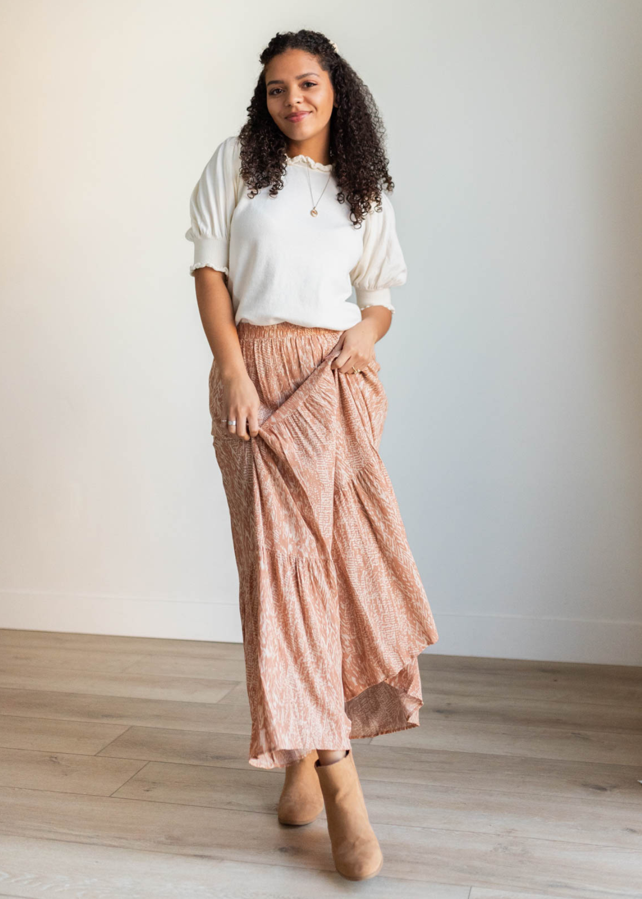 Ankle length tan pattern skirt