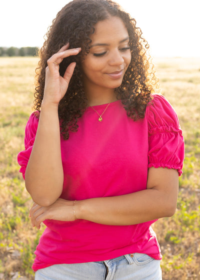 Ruffle puff sleeve dark fuchsia top