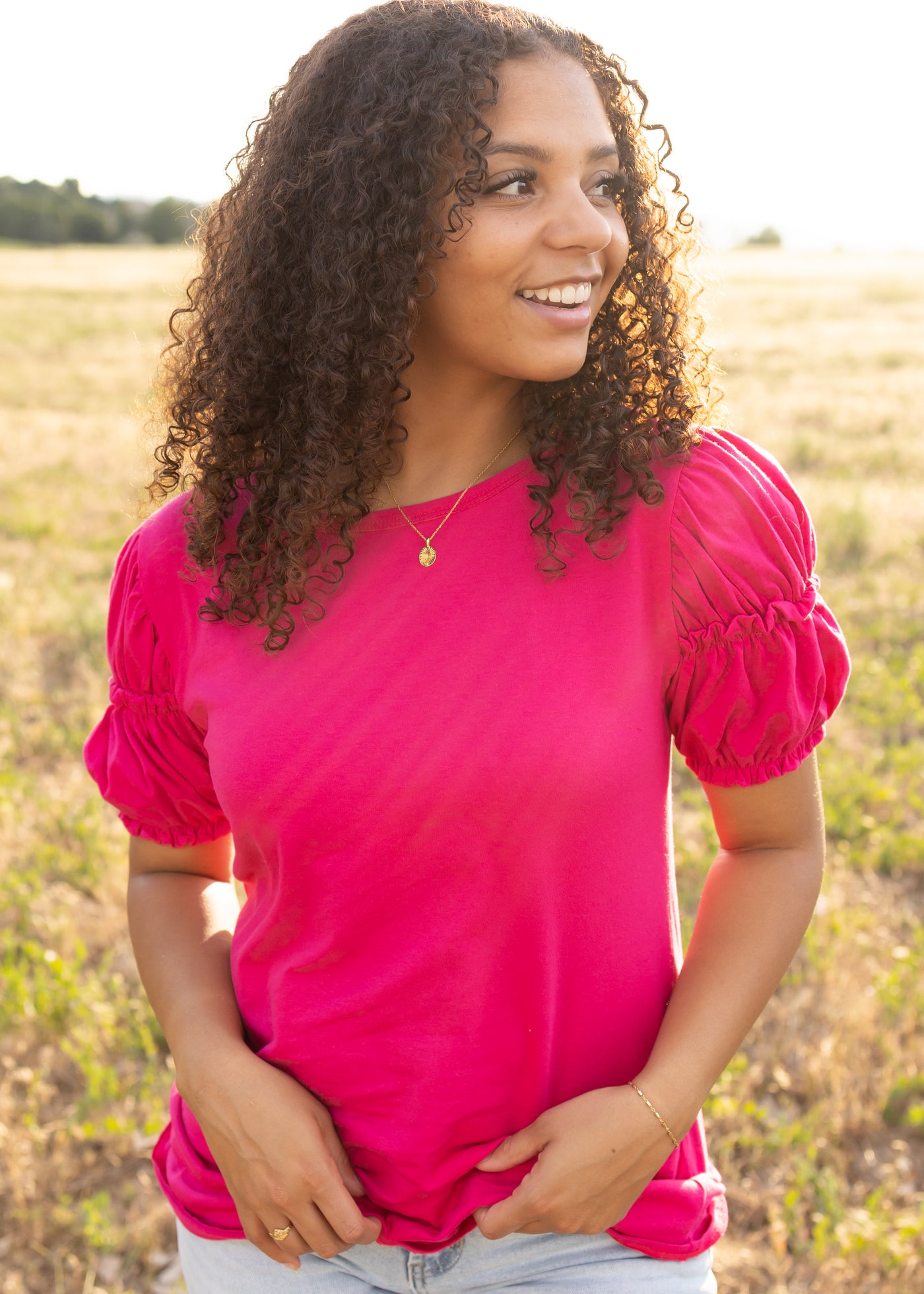 Dark fuchsia top with ruffle puff sleeves