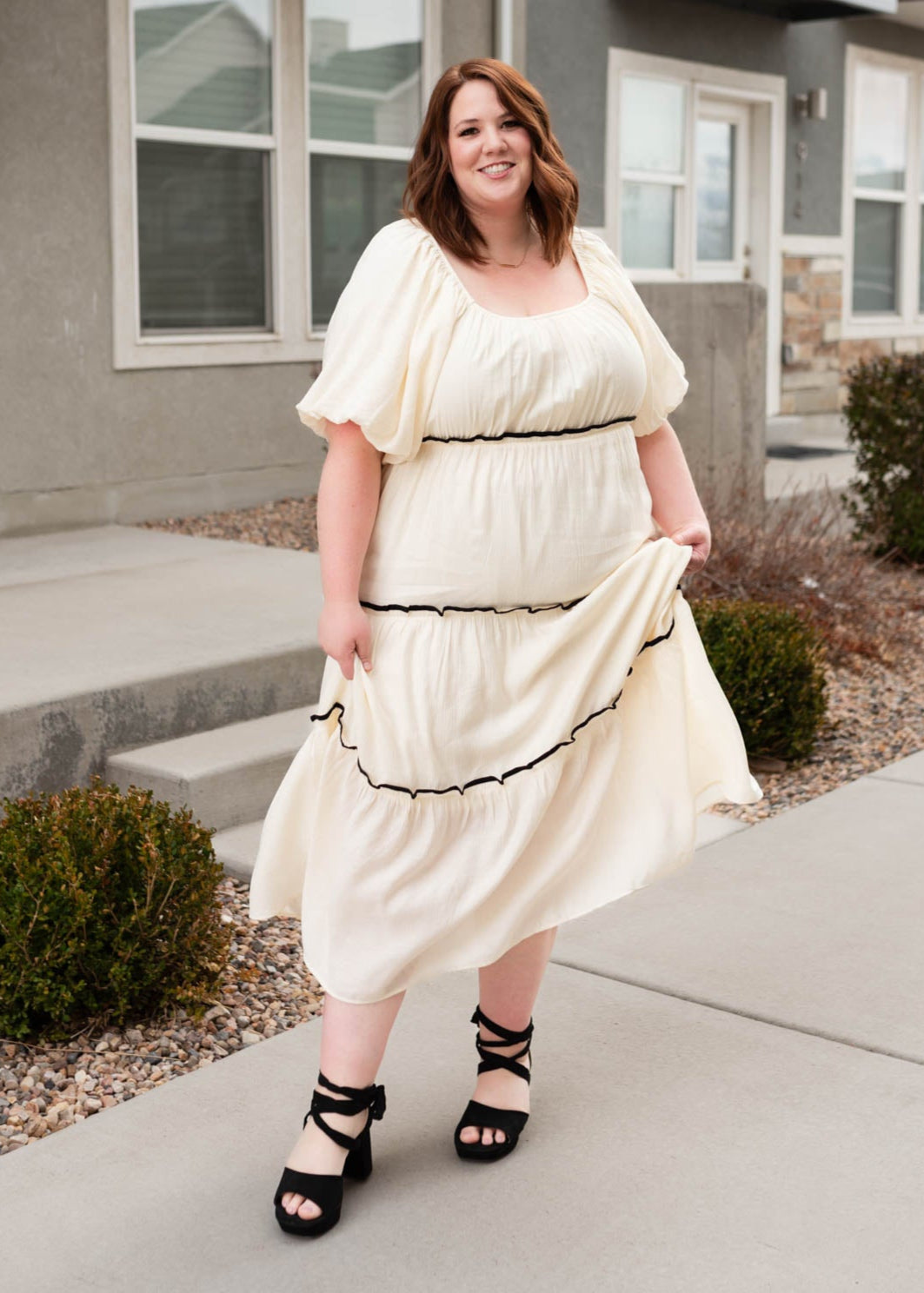 Cream ruffle tiered dress in plus size