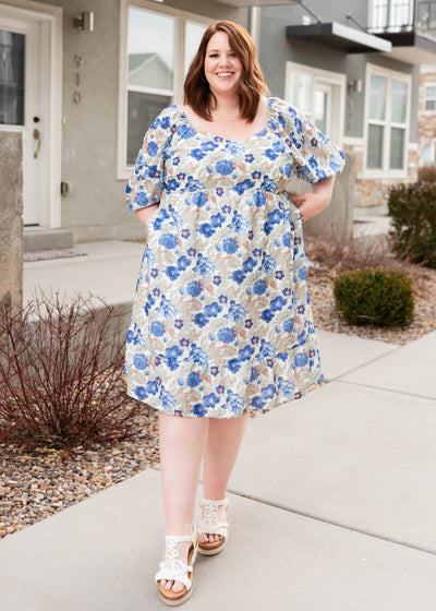 Below the knee plus size blue flroal dress