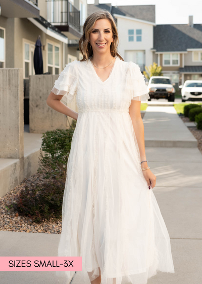 Cream sheer ruffle dress with short sleeves