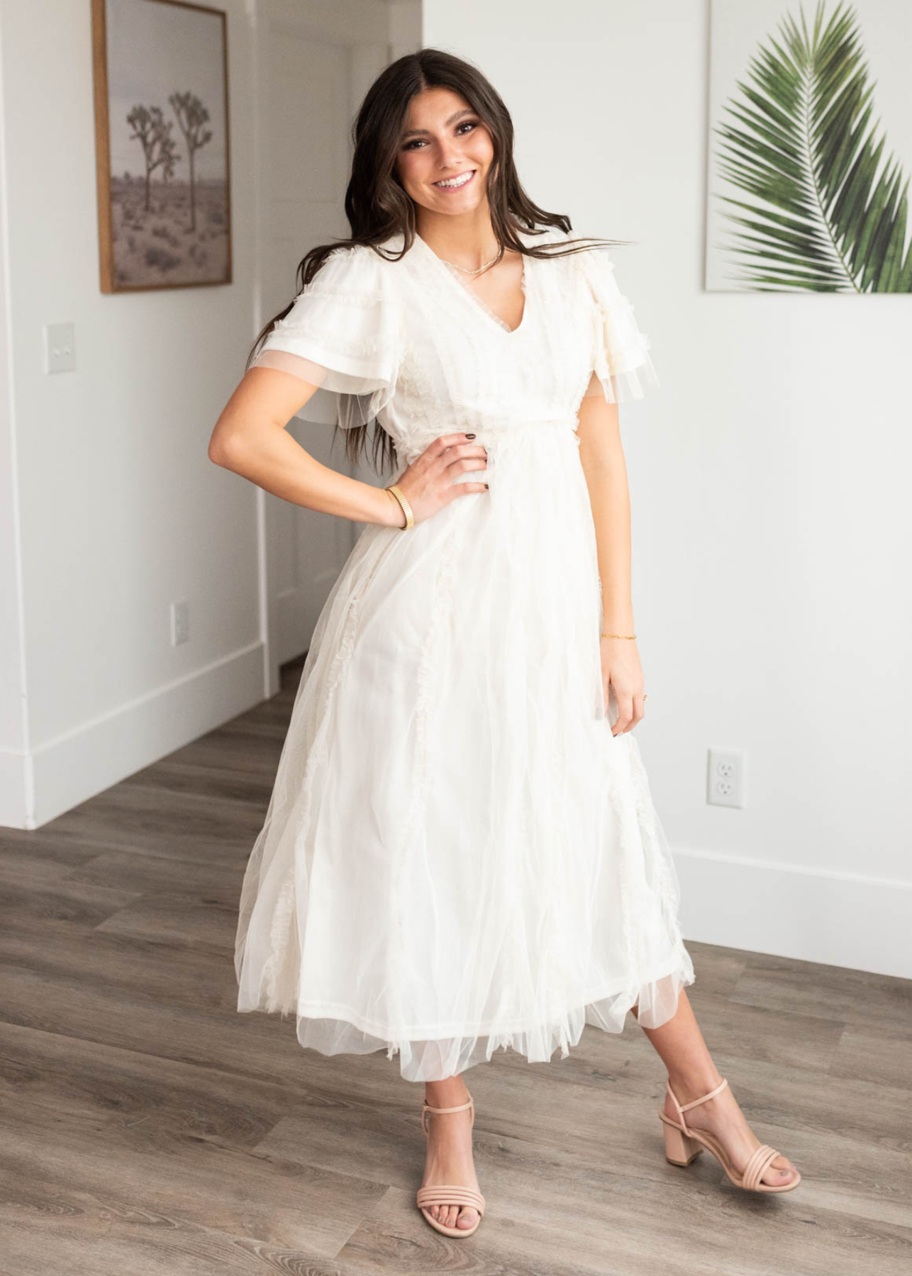 Short sleeve cream sheer ruffle dress